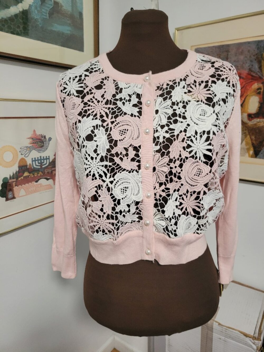 Karl Lagerfeld Pink and White Knit Applique Front Cardigan
